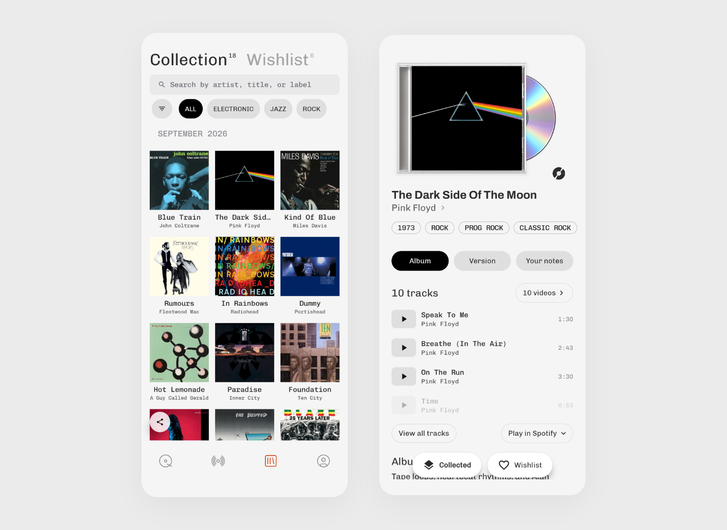 Plastic for Android showing a collection grid and The Dark Side of the Moon in a CD case