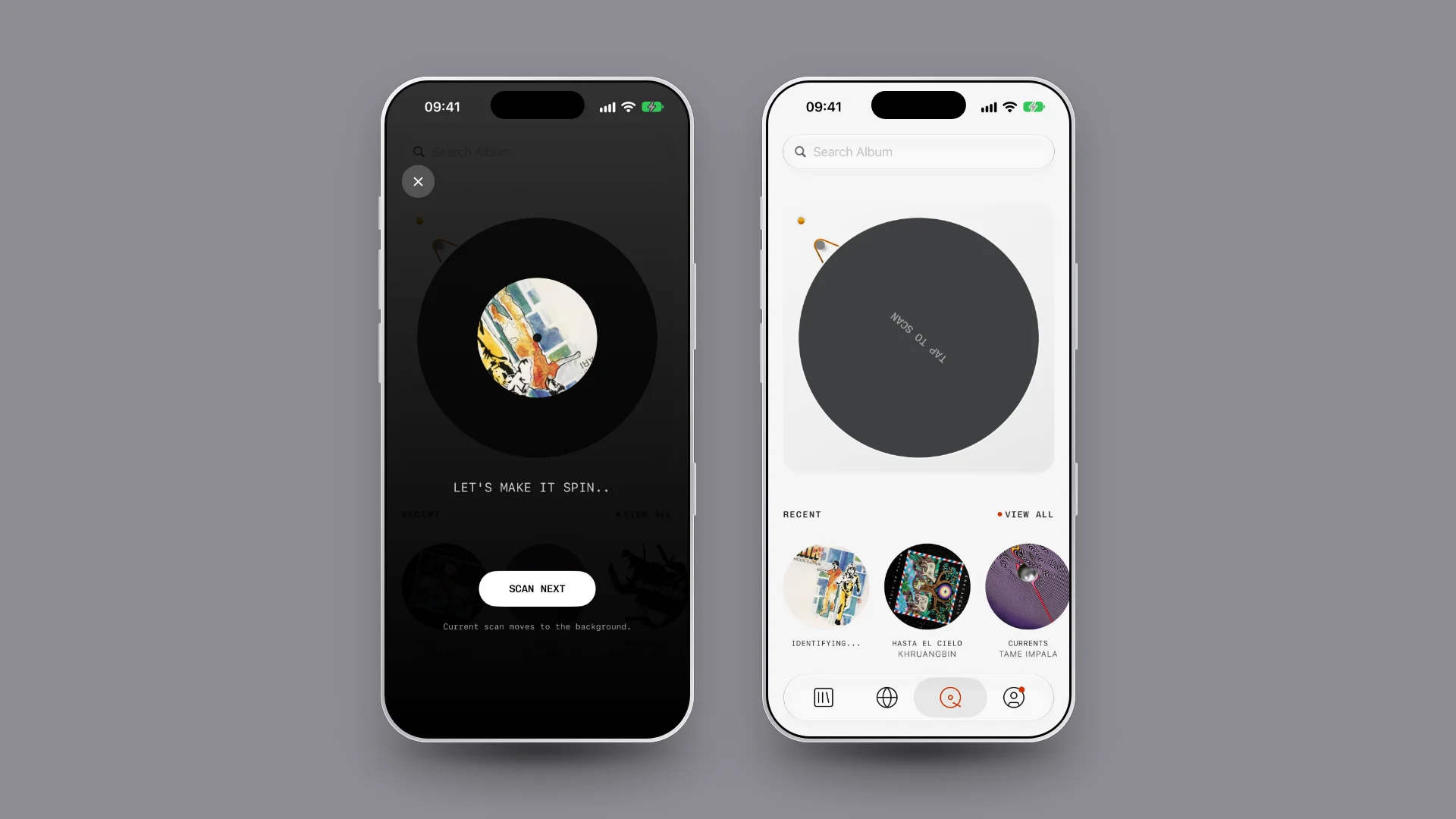 Plastic on iPhone: the spinning-record loader with a Scan next button, then the Recent row under the turntable with Moon Safari still identifying beside Hasta El Cielo and Currents