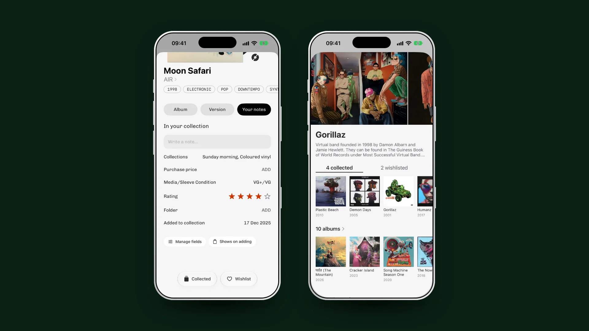 Plastic on iPhone: the Your notes tab for Moon Safari reading In your collection, with the Collections Sunday morning and Coloured vinyl, condition VG+/VG and four stars, then the Gorillaz artist page with 4 collected and 2 wishlisted