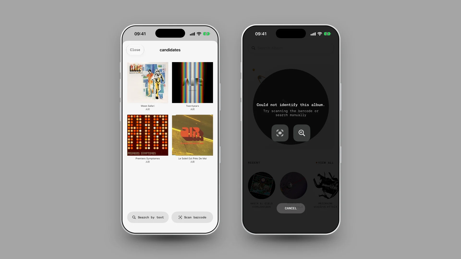 Plastic on iPhone: four likely AIR albums with Search by text and Scan barcode buttons, and the Could not identify this album screen with barcode and search buttons