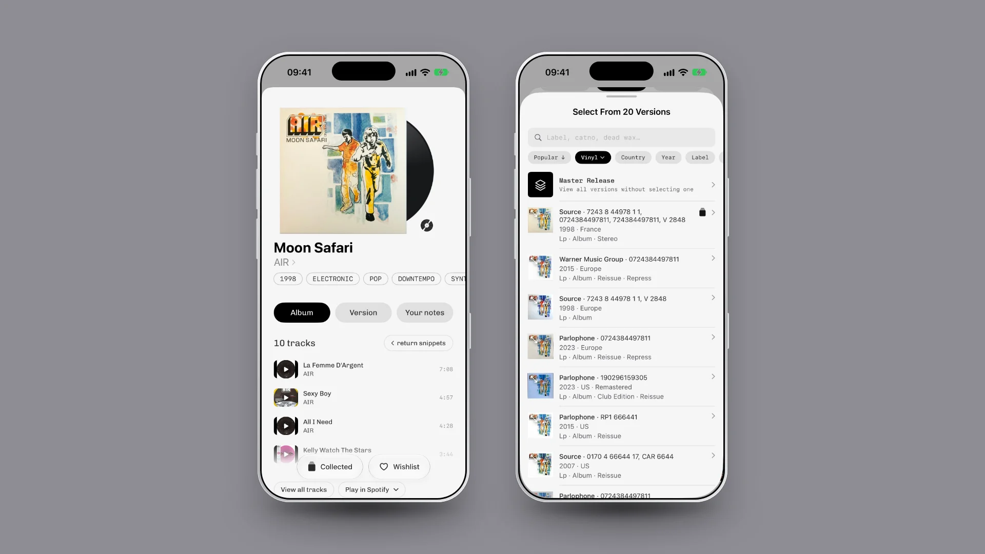 Plastic on iPhone: Moon Safari with the Collected button, then the version list with the collection icon on the 1998 France pressing