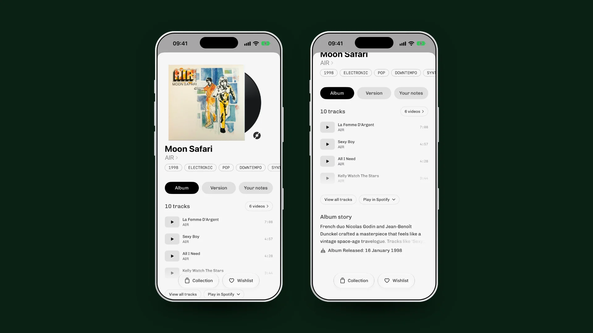 Plastic on iPhone: the Moon Safari album page after a scan, with 10 tracks, play buttons and the Collection and Wishlist buttons, then the Album story and its release date, 16 January 1998