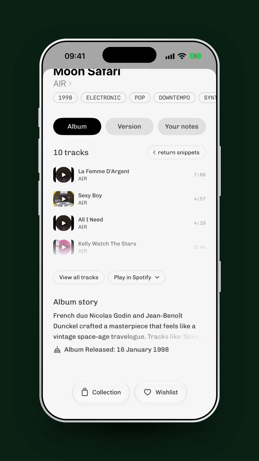 Plastic on iPhone: Moon Safari tracks with video thumbnails beside the first four, and the Album story below