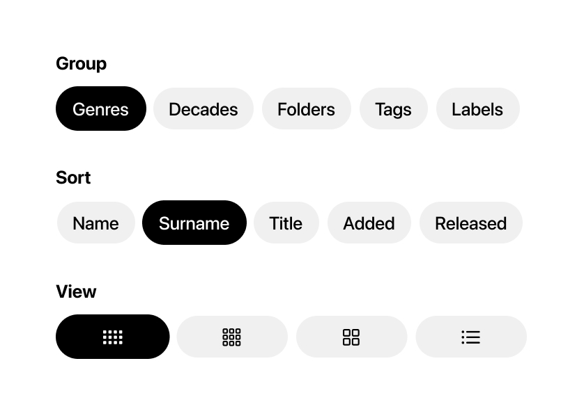 Plastic controls for grouping by genre, sorting by artist surname, and changing the collection view